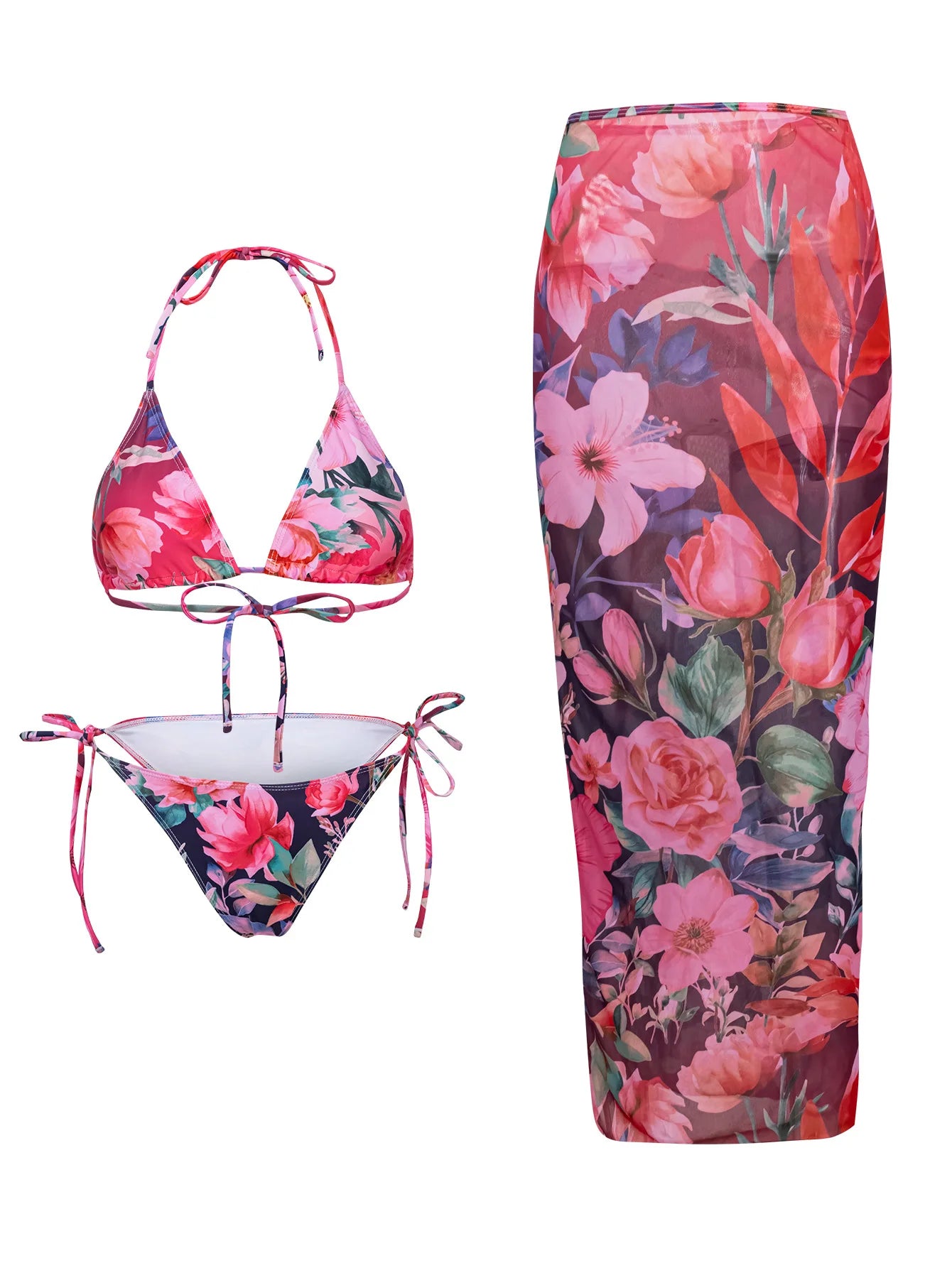 3-Piece Floral Bikini Set – High-Waist, Backless Top & Long Skirt Cover-Up (2025)
