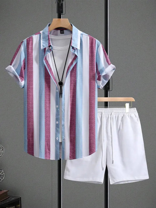 Casual Men's Summer Set – Striped Shirt & Hawaiian Beach Shorts